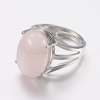 Natural Rose Quartz Wide Band Finger Rings, with Brass Ring Findings, Oval, 18mm