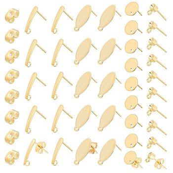 Elite 32Pcs 4 Styles Oval & Flat Round 304 Stainless Steel Stud Earring Findings, with Ear Nuts, Earring Backs, Golden, 15x7x0.8mm, Hole: 1mm, Pin: 0.8mm, 8pcs