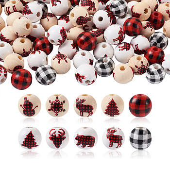 100Pcs Natural Wooden Beads, Christmas, Round with Mixed Pattern, Dyed, Mixed Color, 16mm, Hole: 4mm
