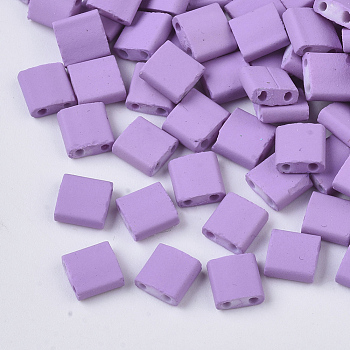 2-Hole Glass Seed Beads, Rubberized Style, Rectangle, Plum, 5x4.5~5.5x2~2.5mm, Hole: 0.5~0.8mm