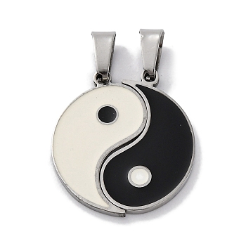 201 Stainless Steel Split Pendants, with Enamel, Yin-yang Charms, Stainless Steel Color, 26x23x2mm, Hole: 6x4mm