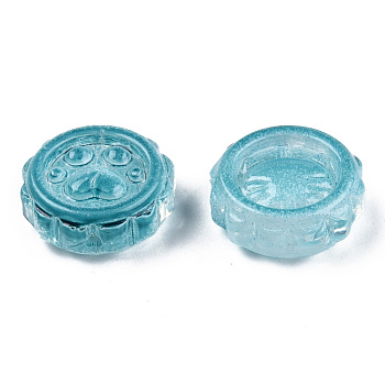 Transparent Spray Painted Glass Beads, Flower with Pawprint, Teal, 15x15x5.5mm, Hole: 1.2mm