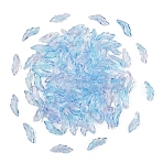 100Pcs Baking Paint Transparent Glass Pendants, Leaf, Two Tone, Cornflower Blue, 26~26.5x9~9.5x6.5~7.5mm, Hole: 1.2~1.5mm(GLAA-YW0004-81B)