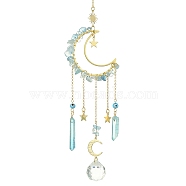 Moon & Star Brass Hanging Ornaments, Natural Aquamarine Chips and Glass Tassel Suncatchers, 300~308mm(HJEW-TA00095-02)