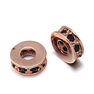 Flat Round Brass Micro Pave Cubic Zirconia Spacer Beads, Lead Free & Nickel Free & Cadmium Free, Real Rose Gold Plated, 7x3mm, Hole: 3mm(ZIRC-F009-31RG-NR)