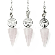 Natural Rose Quartz Cone Dowsing Pendulum Big Pendants, with Tree of Life Rack Plating Platinum Plated Brass Findings, Cadmium Free & Lead Free, 220~240mm, Hole: 1.5~2mm(G-C114-02P-19)