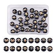 32Pcs 16 Style Handmade Lampwork Beads, with Golden Plated, Flat Round, Black, 8x5~6mm, Hole: 0.8mm, 2pcs/style(LAMP-CD0001-18)