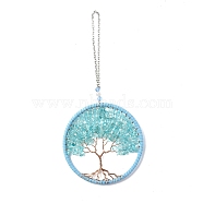 Wire Wrapped Chips Dyed Glass Big Pendant Decorations, with Iron Chains and Imitation Leather Rope, Flat Round with Tree of Life, Sky Blue, 245mm(HJEW-A005-01A)