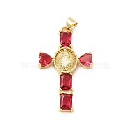 Rack Plating Brass Pendants, with Glass Cubic Zirconia, Religion Heart Cross with Virgin Mary Charm, Cadmium Free & Lead Free, Long-Lasting Plated, Real 18K Gold Plated, Crimson, 39x23x4mm, Hole: 5x3mm(KK-D087-16G-04)