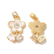 Brass Cubic Zirconia Pendants, with Shell, Flower, Real 18K Gold Plated, 21x13x4mm, Hole: 2x4.5mm(KK-M243-37G)