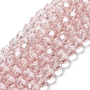 Electroplate Transparent Glass Beads Strands, Faceted(32 Facets), Round, Pearl Luster Plated, Misty Rose, 8mm, Hole: 1mm, about 66~69pcs/strand, 19.29~19.57 inch(49~49.7cm)(EGLA-A035-T8mm-A20)