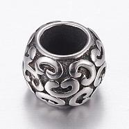 304 Stainless Steel European Beads, Large Hole Beads, Barrel, Antique Silver, 10x7mm, Hole: 5mm(STAS-P173-099AS)