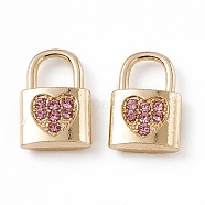 Alloy Light Rose Rhinestone Pendants, Lock with Heart Charm, Golden, 15x9.5x3.5mm, Hole: 5x5mm(ALRI-K049-03A)