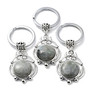 Natural Labradorite Keychain, with Plating Brass Pendant and Iron Rings, Lead Free & Cadmium Free, 6.6cm(KEYC-H019-02P-01)