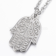 304 Stainless Steel Pendant Necklaces, with Lobster Claw Clasps, Faceted, Hamsa Hand/Hand of Fatima/Hand of Miriam, Stainless Steel Color, 17.32 inch(44cm), 3.5mm(NJEW-H473-07P)