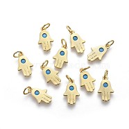 Brass Charms, with Micro Pave Cubic Zirconia, Long-Lasting Plated, Hamsa Hand/Hand of Fatima /Hand of Miriam, Real 18K Gold Plated, 13.5x8x2mm, Hole: 3mm(KK-F783-09G)