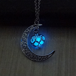 Alloy Moon Cage Pendant Necklace with Luminaries Stone, Glow In The Dark Jewelry for Women, Cornflower Blue, 17.72 inch(45cm)(LUMI-PW0001-057P-A)
