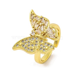 Butterfly Brass Micro Pave Cubic Zirconia Open Cuff Rings for Women, Real 18K Gold Plated, Clear, Butterfly: 21x18mm, Adjustable(RJEW-U003-26A-G)