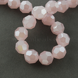 Electroplate Glass Beads Strands, Pearl Luster Plated, Imitation Jade, Faceted, Round, Pink, 4mm, Hole: 0.5mm, about 100pcs/strand, 14.2 inch(X-EGLA-R018-4mm-10)