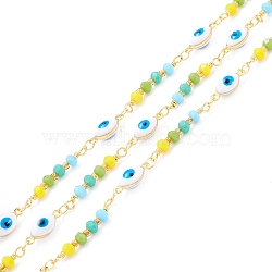Handmade Brass Enamel Link Chain, with Faceted Round Glass Beads, Long-Lasting Plated, Oval with Evil Eye, Soldered, with Spool, Colorful, 25x3mm, 13x5x4.5mm, about 32.8 Feet(10m)/roll(CHC-D031-09G)