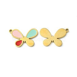 Ion Plating(IP) 304 Stainless Steel Manual Polishing Pendants, with Enamel, Butterfly Charms, Golden, 17.5x15x1.5mm, Hole: 1.2mm(STAS-C075-32G)