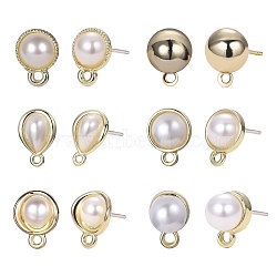 12Pcs 6 Style Alloy & Brass Stud Earring Findings, with Horizontal Loops and 20Pcs Plastic Ear Nuts, Half Round & Teardrop, Golden, 9.5~15x6.5~10mm, Hole: 1~1.5mm, Pin: 0.7mm, 2Pcs/style(DIY-SZ0009-36)