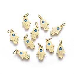 Brass Charms, with Micro Pave Cubic Zirconia, Long-Lasting Plated, Hamsa Hand/Hand of Fatima /Hand of Miriam, Real 18K Gold Plated, 13.5x8x2mm, Hole: 3mm(KK-F783-09G)