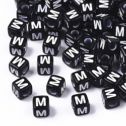 Opaque Acrylic Beads, Horizontal Hole, Alphabet Style, Cube, Black & White, Letter.M, 5x5x5mm, Hole: 2mm, about 400pcs/40g(X-SACR-N002-01M)