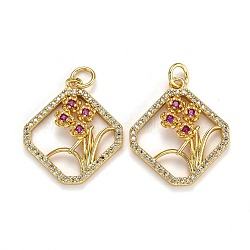 Brass Micro Pave Cubic Zirconia Pendants, Long-Lasting Plated, with Jump Ring, Rhombus with Flower, Real 18K Gold Plated, 21.5x19x3.5mm, Jump Ring: 5x1mm, Hole: 3mm(ZIRC-L100-027G)