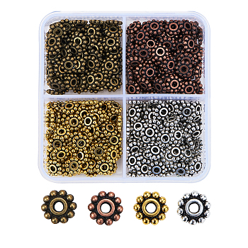 Gear Tibetan Style Alloy Spacer Beads, Lead Free and Cadmium Free, Mixed Color, 6.5mm, Hole: 2mm, 100pcs/color, 4 colors, 400pcs/box