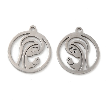 201 Stainless Steel Pendants, Hollow, Flat Round with Woman Charm, Stainless Steel Color, 17x15x0.8mm, Hole: 1.4mm