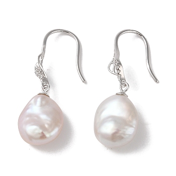 Anti-Tarnish Sterling Silver Dangle Earrings, with Natural Pearl and Cubic Zirconia, Jewely for Women, 33x11mm