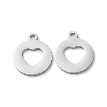 304 Stainless Steel Charms, Manual Polishing, Heart, Stainless Steel Color, 14.5x12x1mm, Hole: 1.6mm
