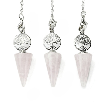 Natural Rose Quartz Cone Dowsing Pendulum Big Pendants, with Tree of Life Rack Plating Platinum Plated Brass Findings, Cadmium Free & Lead Free, 220~240mm, Hole: 1.5~2mm