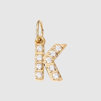 Stainless Steel Cubic Zirconia Pendants with Jump Rings, Real 14K Gold Plated, Long-Lasting Plated, Letter K, 8mm