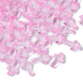 Transparent Acrylic Pendants, Faceted, Cross, Pink, 16x10x4.5mm, Hole: 1.5mm, about 3300pcs/500g