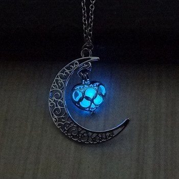 Alloy Moon Cage Pendant Necklace with Luminaries Stone, Glow In The Dark Jewelry for Women, Cornflower Blue, 17.72 inch(45cm)