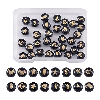 32Pcs 16 Style Handmade Lampwork Beads, with Golden Plated, Flat Round, Black, 8x5~6mm, Hole: 0.8mm, 2pcs/style