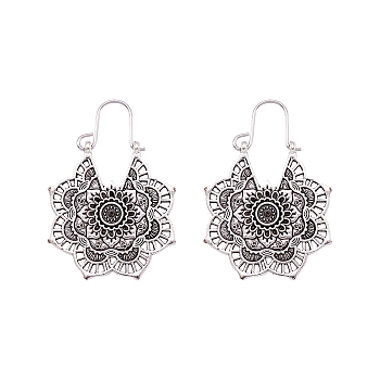 Bohemian Retro Style Alloy Dangle Hoop Earrings, Mandala Earrings, Flower, Antique Silver, 41~44mm, Pin: 0.7mm, Flower: 31.5x28.5x1.8mm