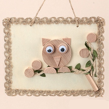 DIY Owl Painting Handmade Materials Package for Parent-Child, including Unfished Wood Cabochons, Picture Frame, Rope and Cotton Ribbon, BurlyWood, 12x15x0.25cm, Hole: 3mm