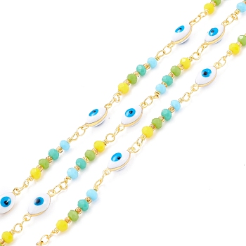 Handmade Brass Enamel Link Chain, with Faceted Round Glass Beads, Long-Lasting Plated, Oval with Evil Eye, Soldered, with Spool, Colorful, 25x3mm, 13x5x4.5mm, about 32.8 Feet(10m)/roll