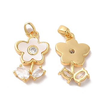 Brass Cubic Zirconia Pendants, with Shell, Flower, Real 18K Gold Plated, 21x13x4mm, Hole: 2x4.5mm