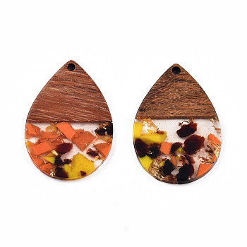 Transparent Resin & Walnut Wood Pendants, with Gold Foil, Teardrop Charm, Coral, 36x24.5x3mm, Hole: 2mm