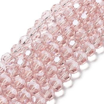 Electroplate Transparent Glass Beads Strands, Faceted(32 Facets), Round, Pearl Luster Plated, Misty Rose, 8mm, Hole: 1mm, about 66~69pcs/strand, 19.29~19.57 inch(49~49.7cm)