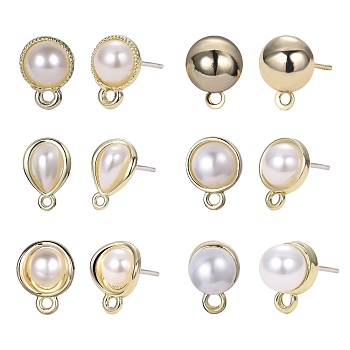 12Pcs 6 Style Alloy & Brass Stud Earring Findings, with Horizontal Loops and 20Pcs Plastic Ear Nuts, Half Round & Teardrop, Golden, 9.5~15x6.5~10mm, Hole: 1~1.5mm, Pin: 0.7mm, 2Pcs/style