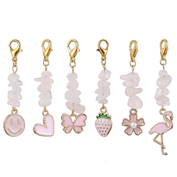 6Pcs 6 Styles Alloy Enamel Pendant Decoraiton, Natural Rose Quartz Chip Beads and Alloy Lobster Claw Clasps Charm, Mixed Shapes, Pink, 47~62mm, 6pcs/set