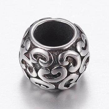 304 Stainless Steel European Beads, Large Hole Beads, Barrel, Antique Silver, 10x7mm, Hole: 5mm
