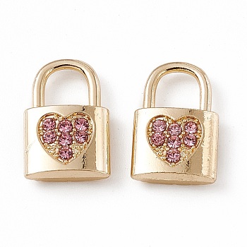Alloy Light Rose Rhinestone Pendants, Lock with Heart Charm, Golden, 15x9.5x3.5mm, Hole: 5x5mm