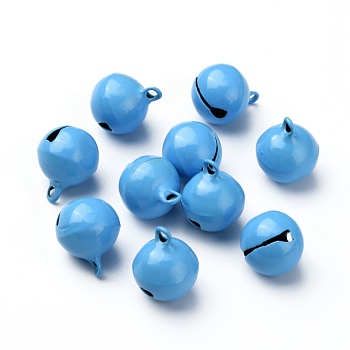 Baking Paint Brass Bell Pendants, Round, Deep Sky Blue, 16.5x13.5mm, Hole: 2mm