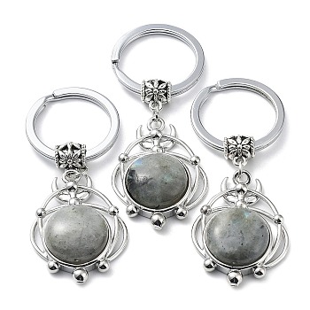 Natural Labradorite Keychain, with Plating Brass Pendant and Iron Rings, Lead Free & Cadmium Free, 6.6cm